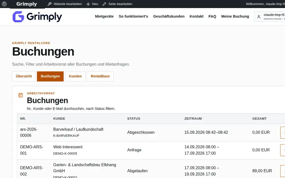 Grimply RentalCore mit Buchungsübersicht auf einem MacBook