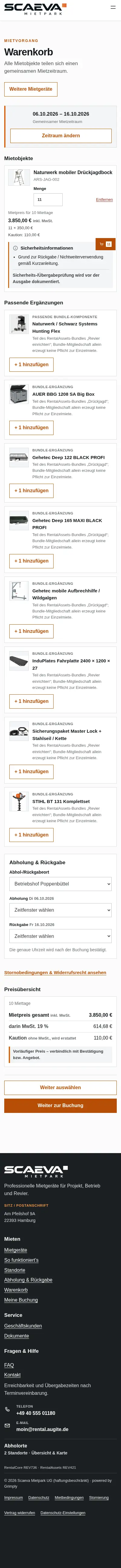Grimply Warenkorb mit Mietgerät und passenden Ergänzungen auf einem Smartphone