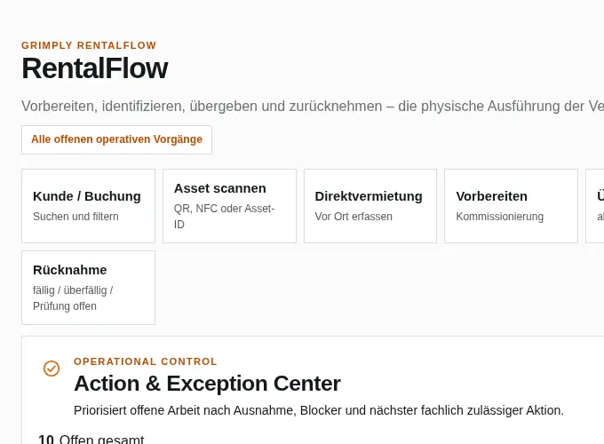 Grimply RentalFlow mit operativem Action Center auf einem Tablet